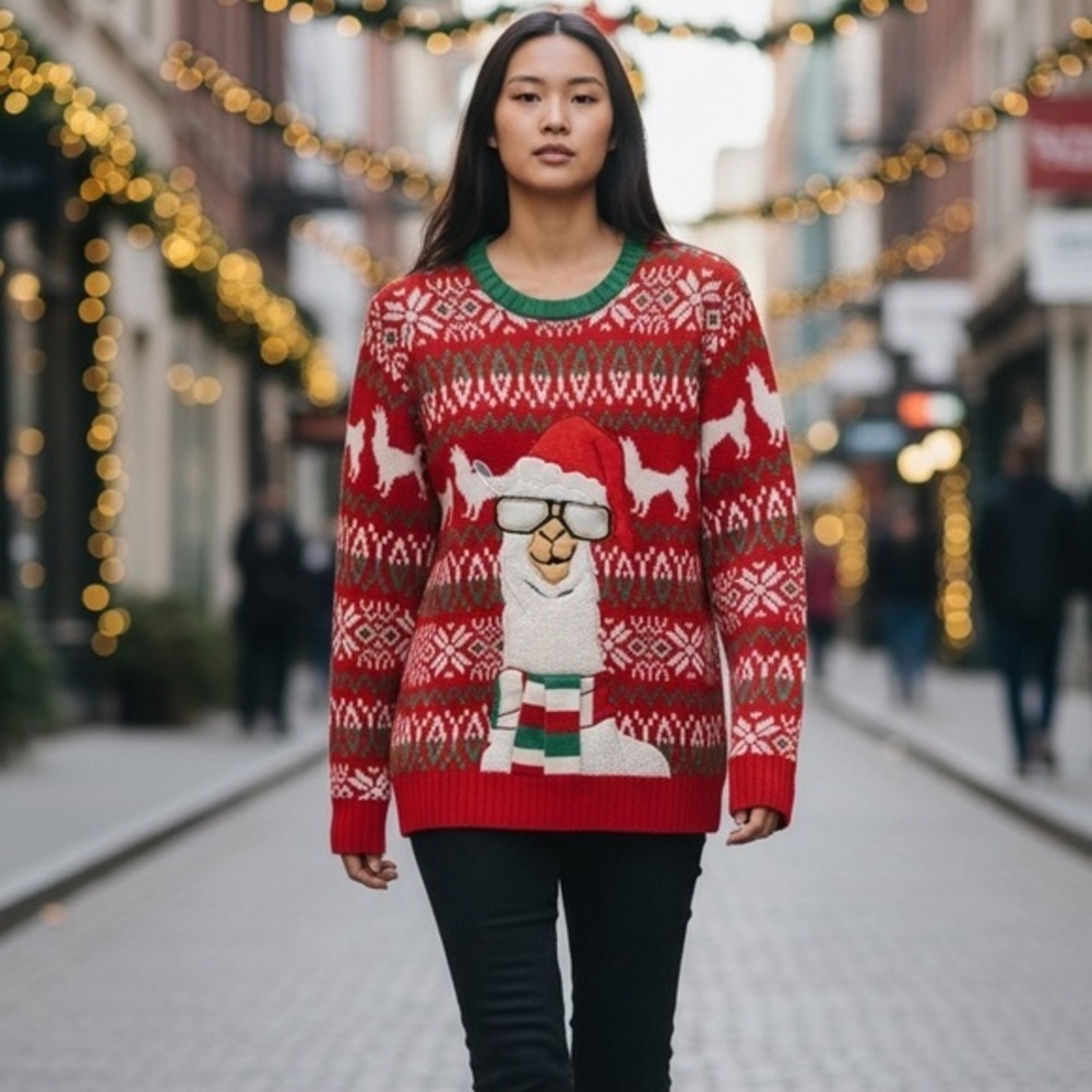 32 Degrees Festive Red Llama Ugly Christmas Sweater size medium